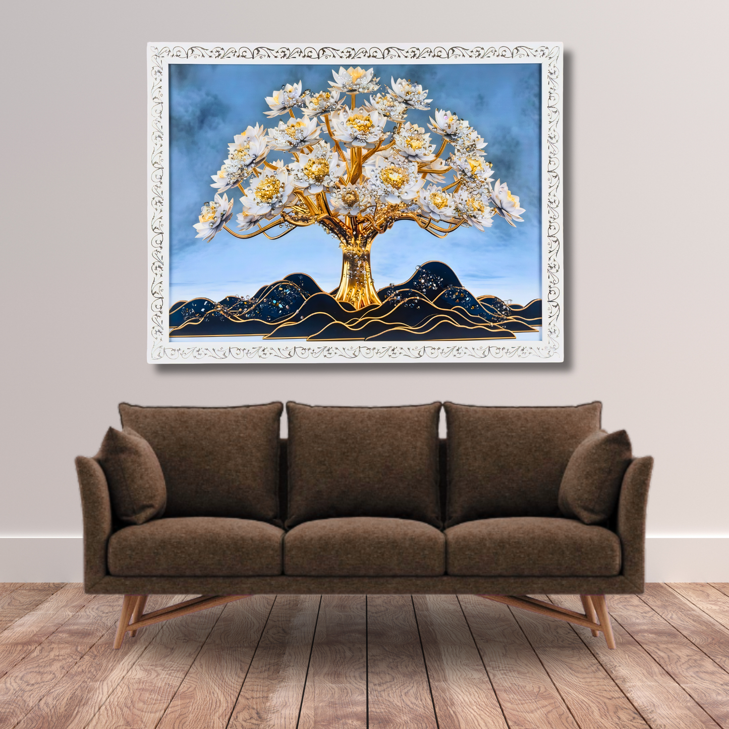Luxury Tree of Life Wall Painting with Resin Crystal Work | Premium HD Gloss Framed Wall Art for Living Room Bedroom Office | Modern Home Décor Gift Item with Elegant White Frame
