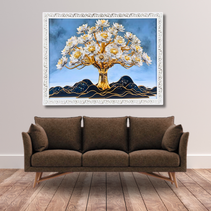 Luxury Tree of Life Wall Painting with Resin Crystal Work | Premium HD Gloss Framed Wall Art for Living Room Bedroom Office | Modern Home Décor Gift Item with Elegant White Frame