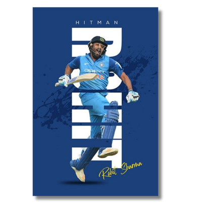 Rohit Sharma HITMAN Cricket Wall Art | Premium Glossy Aluminium Metal Poster Frame | Sports Room Decor | Ultra HD Print for Bedroom, Living Room, Office & Man Cave | Modern Home Decor Frame (Blue Edition)