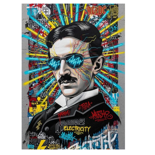 Premium Glossy Aluminium Metal Poster – Tesla Graffiti Street Art Wall Frame | High-Definition Printed Aluminium Wall Decor for Bedroom, Living Room, Gaming Room & Office | Waterproof, Fade-Proof Metal Poster