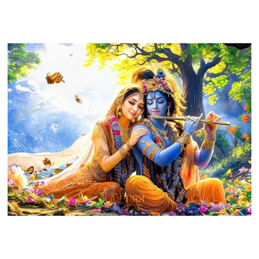 Premium Glossy Aluminium Metal Poster – Radha Krishna Flute Artwork | HD Hindu Spiritual Wall Decor for Home Temple, Living Room, Bedroom & Meditation Space | Waterproof, Fade-Proof Devotional Wall Frame