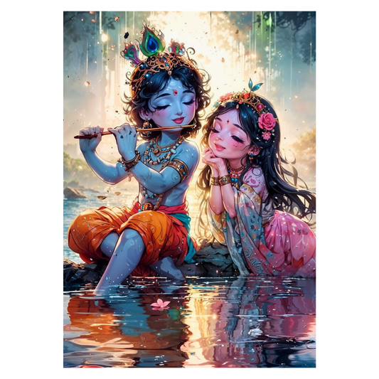 Premium Glossy Aluminium Metal Poster – Radha Krishna Flute Artwork by the Riverside | HD Hindu Spiritual Wall Decor for Home Temple, Living Room, Bedroom & Meditation Corner | Waterproof, Fade-Proof Devotional Frame