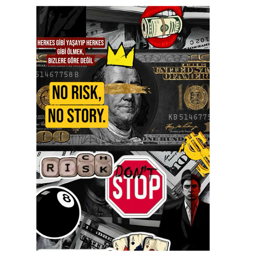 Premium Glossy Aluminium Metal Poster – “No Risk No Story” Money Collage Art | HD Printed Aluminium Wall Decor for Office, Bedroom, Gaming Room & Studio | Waterproof, Fade-Proof Motivational Wall Frame