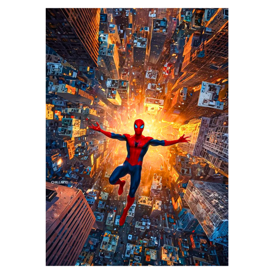 Premium Glossy Aluminium Metal Poster – Spider-Man Inspired City Dive Artwork | HD Printed Aluminium Wall Decor for Bedroom, Gaming Room, Office & Studio | Waterproof, Fade-Proof Superhero Frame