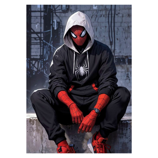 Premium Glossy Aluminium Metal Poster – Sp!der-Man Inspired Urban Hoodie Artwork | HD Printed Aluminium Wall Decor for Bedroom, Gaming Room, Studio & Office | Waterproof, Fade-Proof Superhero Wall Frame