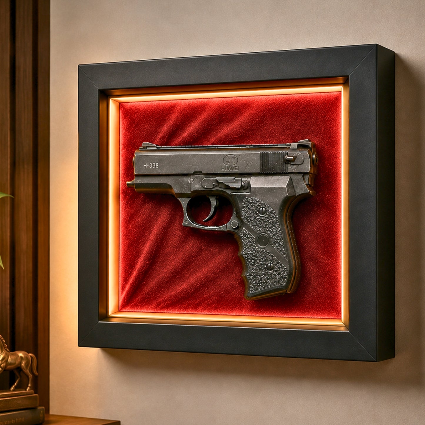 Premium Pistol Shadow Box Frame for Wall Decor | 3D Gun Wall Art with LED Effect | 25 x 20 cm