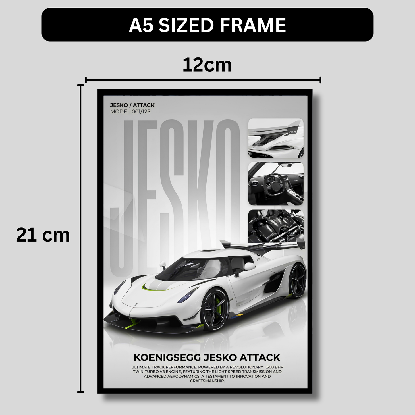 Jesko Attack Supercar Poster Frame A4 Size | Premium Sports Car Wall Art for Bedroom, Office & Gaming Room | Luxury Hypercar Wall Decor with HD Print | Modern Automotive Poster Gift