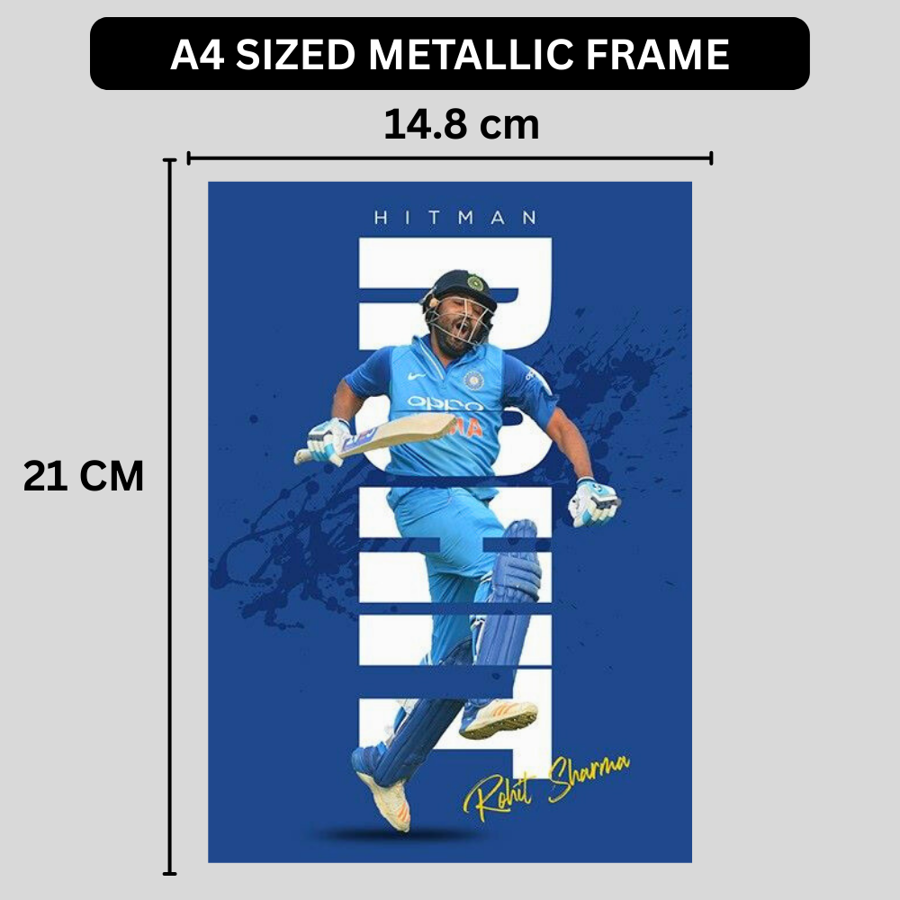 Rohit Sharma HITMAN Cricket Wall Art | Premium Glossy Aluminium Metal Poster Frame | Sports Room Decor | Ultra HD Print for Bedroom, Living Room, Office & Man Cave | Modern Home Decor Frame (Blue Edition)