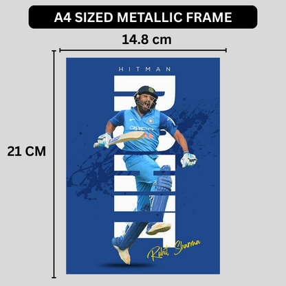 Rohit Sharma HITMAN Cricket Wall Art | Premium Glossy Aluminium Metal Poster Frame | Sports Room Decor | Ultra HD Print for Bedroom, Living Room, Office & Man Cave | Modern Home Decor Frame (Blue Edition)