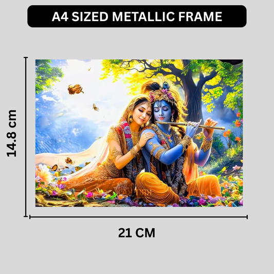 Premium Glossy Aluminium Metal Poster – Radha Krishna Flute Artwork | HD Hindu Spiritual Wall Decor for Home Temple, Living Room, Bedroom & Meditation Space | Waterproof, Fade-Proof Devotional Wall Frame