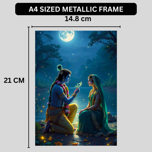 Premium Glossy Aluminium Metal Poster – Radha Krishna Moonlight Artwork | HD Hindu Spiritual Wall Decor for Home Temple, Living Room, Bedroom & Meditation Space | Waterproof, Fade-Proof Devotional Wall Frame
