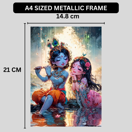 Premium Glossy Aluminium Metal Poster – Radha Krishna Flute Artwork by the Riverside | HD Hindu Spiritual Wall Decor for Home Temple, Living Room, Bedroom & Meditation Corner | Waterproof, Fade-Proof Devotional Frame