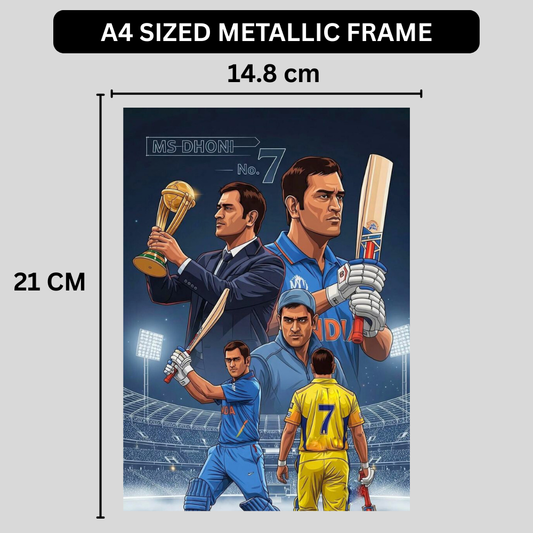 MS Dhoni No.7 Aluminium Glossy Metal Poster | Premium Cricket Wall Art | HD Metal Print for Bedroom, Living Room, Office & Man Cave | Waterproof, Fade-Proof Home Decor Frame