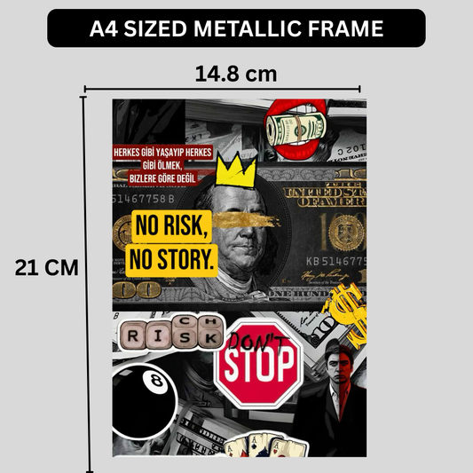 Premium Glossy Aluminium Metal Poster – “No Risk No Story” Money Collage Art | HD Printed Aluminium Wall Decor for Office, Bedroom, Gaming Room & Studio | Waterproof, Fade-Proof Motivational Wall Frame