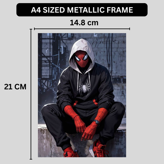 Premium Glossy Aluminium Metal Poster – Sp!der-Man Inspired Urban Hoodie Artwork | HD Printed Aluminium Wall Decor for Bedroom, Gaming Room, Studio & Office | Waterproof, Fade-Proof Superhero Wall Frame