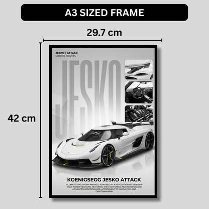 Jesko Attack Supercar Poster Frame A4 Size | Premium Sports Car Wall Art for Bedroom, Office & Gaming Room | Luxury Hypercar Wall Decor with HD Print | Modern Automotive Poster Gift