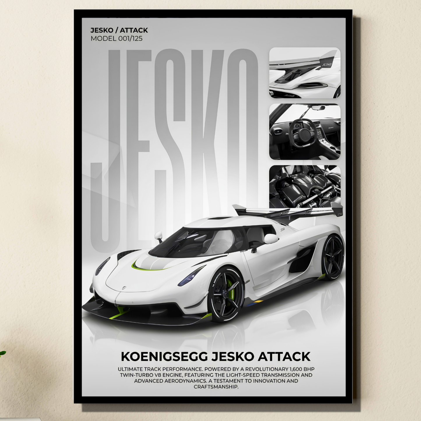 Jesko Attack Supercar Poster Frame A4 Size | Premium Sports Car Wall Art for Bedroom, Office & Gaming Room | Luxury Hypercar Wall Decor with HD Print | Modern Automotive Poster Gift