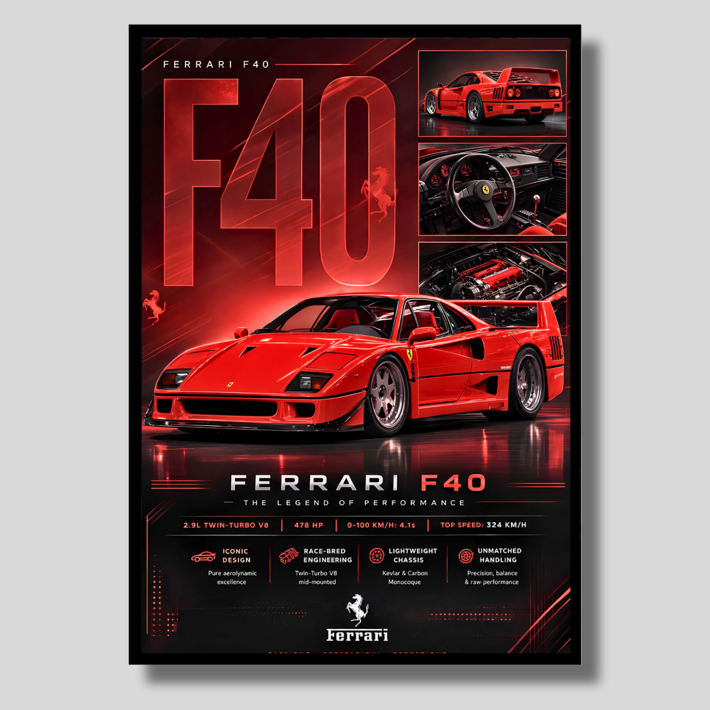 Luxury Ferrari F40 Supercar Frame | Premium Sports Car Wall Art for Bedroom, Office & Gaming Room | Luxury Automotive Wall Decor with HD Gloss Print | Hypercar Poster Gift