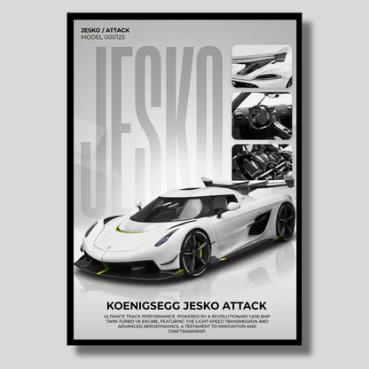 Jesko Attack Supercar Poster Frame A4 Size | Premium Sports Car Wall Art for Bedroom, Office & Gaming Room | Luxury Hypercar Wall Decor with HD Print | Modern Automotive Poster Gift