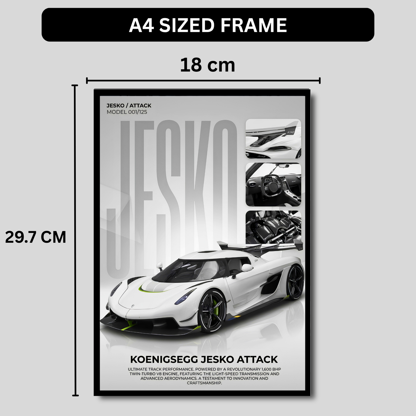 Jesko Attack Supercar Poster Frame A4 Size | Premium Sports Car Wall Art for Bedroom, Office & Gaming Room | Luxury Hypercar Wall Decor with HD Print | Modern Automotive Poster Gift