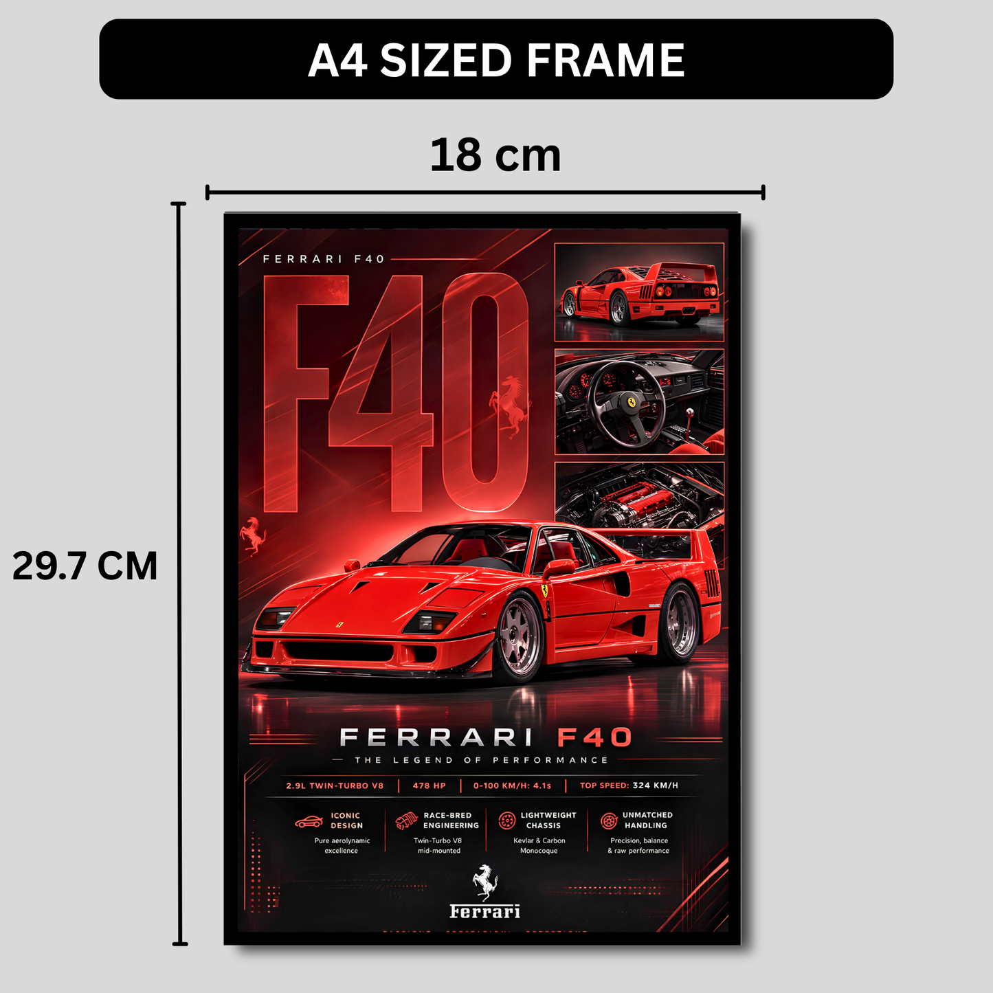 Luxury Ferrari F40 Supercar Frame | Premium Sports Car Wall Art for Bedroom, Office & Gaming Room | Luxury Automotive Wall Decor with HD Gloss Print | Hypercar Poster Gift