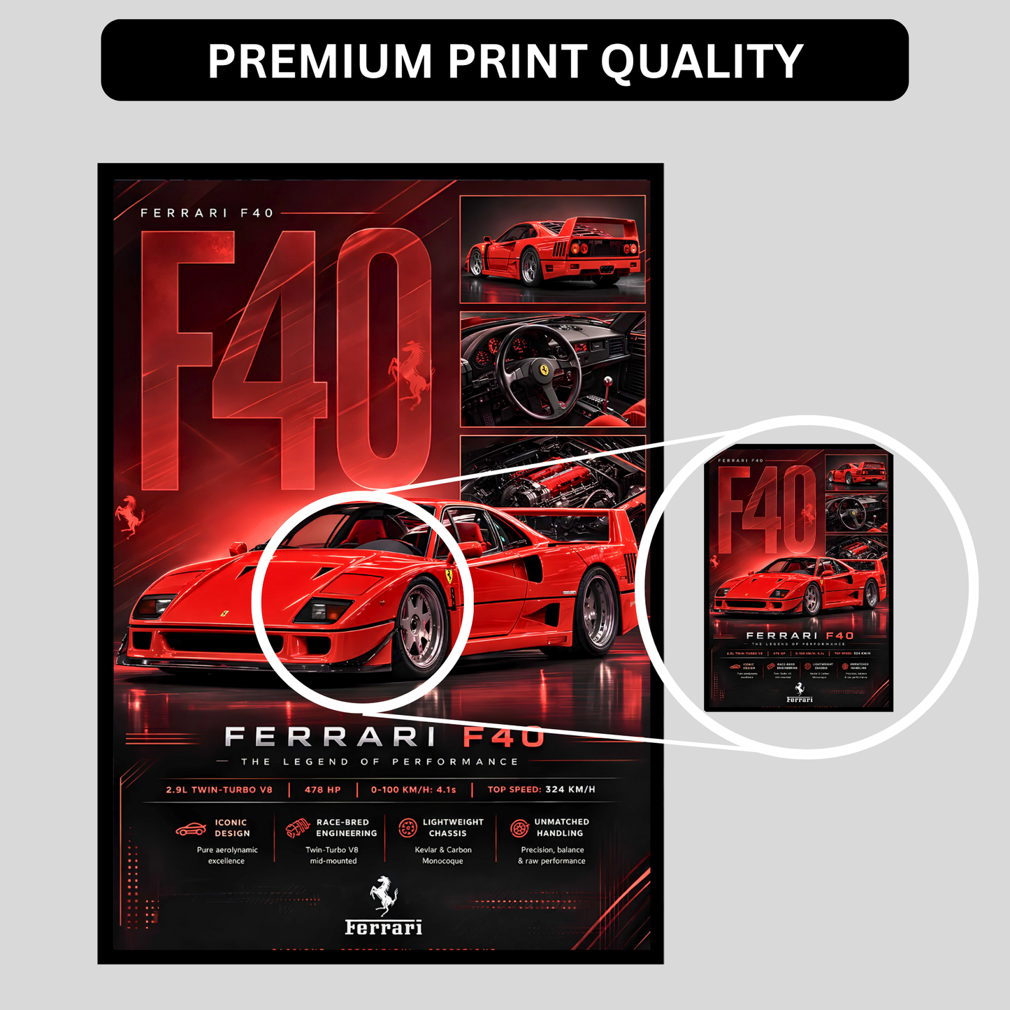 Luxury Ferrari F40 Supercar Frame | Premium Sports Car Wall Art for Bedroom, Office & Gaming Room | Luxury Automotive Wall Decor with HD Gloss Print | Hypercar Poster Gift