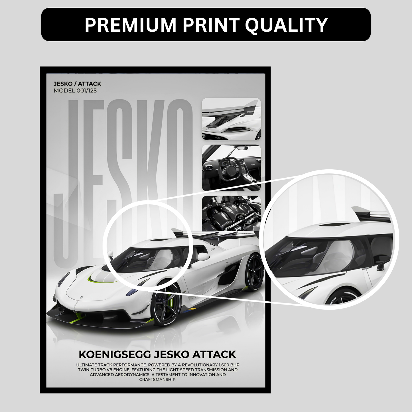 Jesko Attack Supercar Poster Frame A4 Size | Premium Sports Car Wall Art for Bedroom, Office & Gaming Room | Luxury Hypercar Wall Decor with HD Print | Modern Automotive Poster Gift