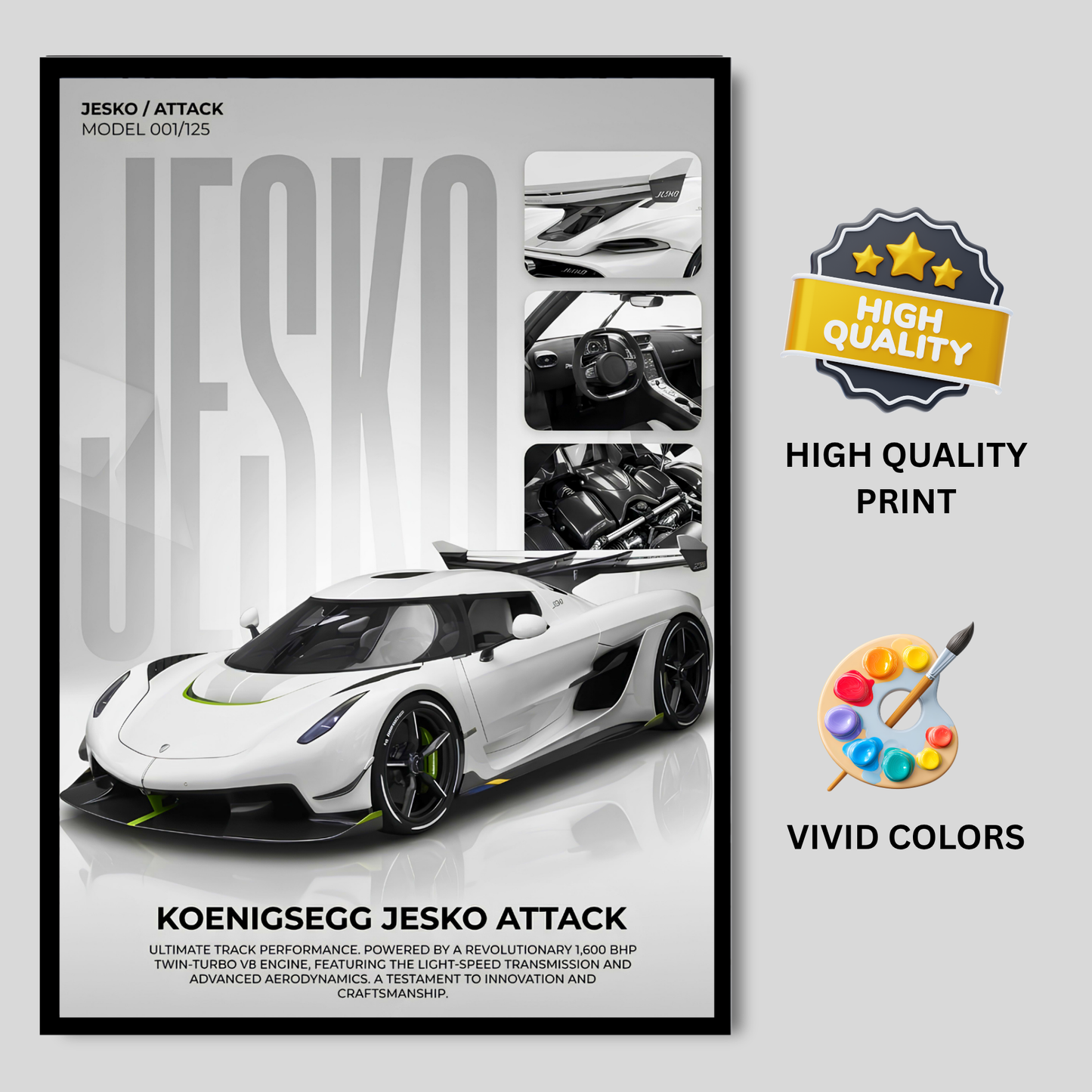 Jesko Attack Supercar Poster Frame A4 Size | Premium Sports Car Wall Art for Bedroom, Office & Gaming Room | Luxury Hypercar Wall Decor with HD Print | Modern Automotive Poster Gift
