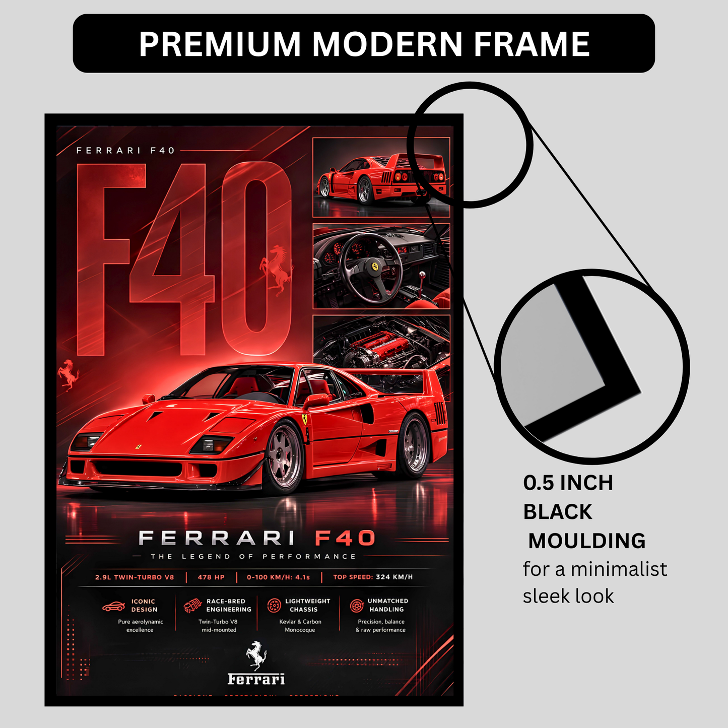 Luxury Ferrari F40 Supercar Frame | Premium Sports Car Wall Art for Bedroom, Office & Gaming Room | Luxury Automotive Wall Decor with HD Gloss Print | Hypercar Poster Gift