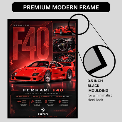 Luxury Ferrari F40 Supercar Frame | Premium Sports Car Wall Art for Bedroom, Office & Gaming Room | Luxury Automotive Wall Decor with HD Gloss Print | Hypercar Poster Gift