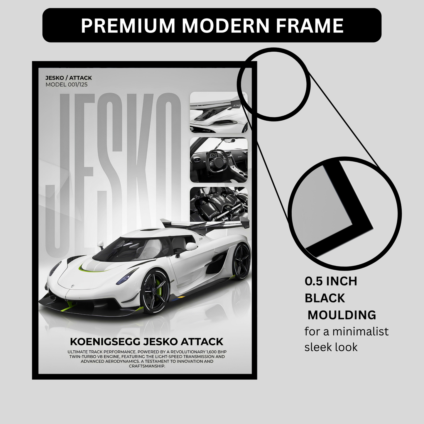 Jesko Attack Supercar Poster Frame A4 Size | Premium Sports Car Wall Art for Bedroom, Office & Gaming Room | Luxury Hypercar Wall Decor with HD Print | Modern Automotive Poster Gift