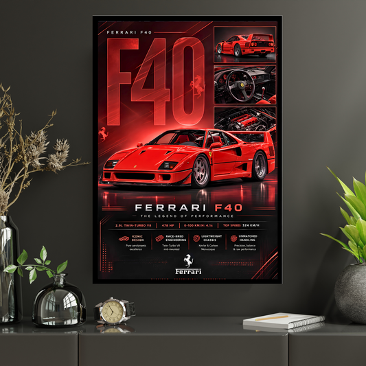 Luxury Ferrari F40 Supercar Frame | Premium Sports Car Wall Art for Bedroom, Office & Gaming Room | Luxury Automotive Wall Decor with HD Gloss Print | Hypercar Poster Gift