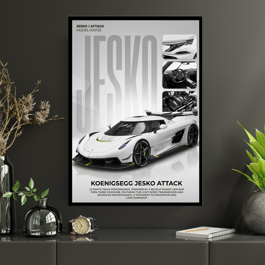 Jesko Attack Supercar Poster Frame A4 Size | Premium Sports Car Wall Art for Bedroom, Office & Gaming Room | Luxury Hypercar Wall Decor with HD Print | Modern Automotive Poster Gift