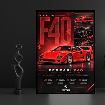 Luxury Ferrari F40 Supercar Frame | Premium Sports Car Wall Art for Bedroom, Office & Gaming Room | Luxury Automotive Wall Decor with HD Gloss Print | Hypercar Poster Gift