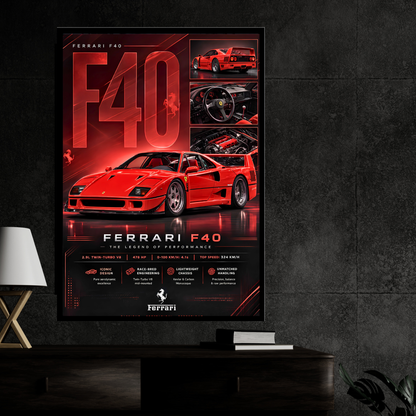 Luxury Ferrari F40 Supercar Frame | Premium Sports Car Wall Art for Bedroom, Office & Gaming Room | Luxury Automotive Wall Decor with HD Gloss Print | Hypercar Poster Gift