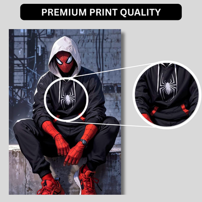 Premium Glossy Aluminium Metal Poster – Sp!der-Man Inspired Urban Hoodie Artwork | HD Printed Aluminium Wall Decor for Bedroom, Gaming Room, Studio & Office | Waterproof, Fade-Proof Superhero Wall Frame