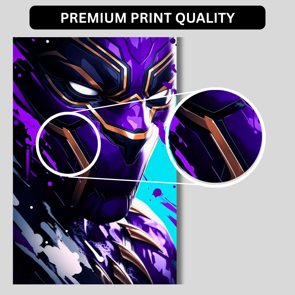 Premium Glossy Aluminium Metal Poster – Black Panther Inspired Vibrant Purple Artwork | HD Printed Aluminium Wall Decor for Bedroom, Gaming Room, Office & Studio | Waterproof, Fade-Proof Superhero Wall Frame