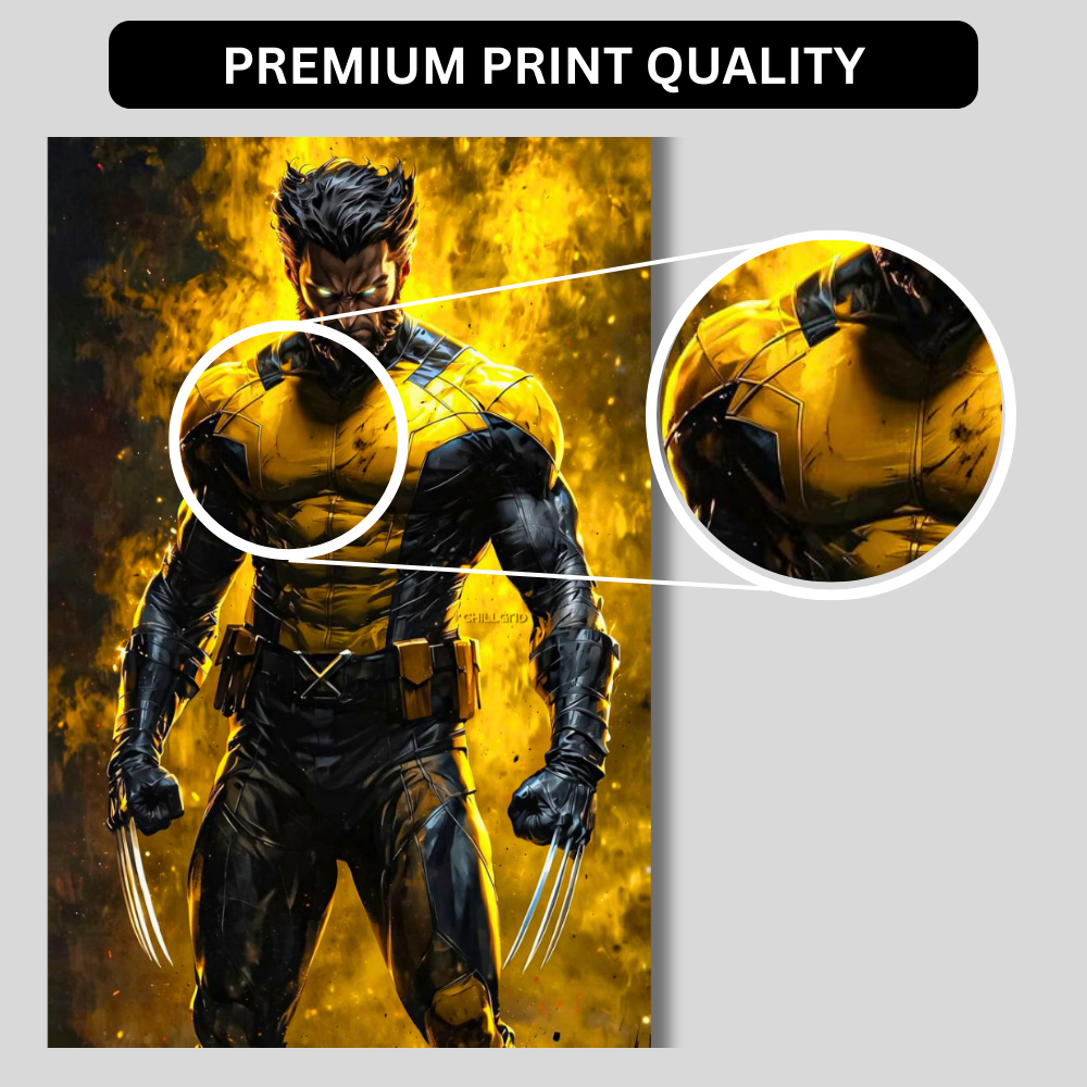 Premium Glossy Aluminium Metal Poster – Wolverine-Inspired Yellow & Black Warrior Artwork | HD Printed Aluminium Wall Decor for Bedroom, Gaming Room, Office & Studio | Waterproof, Fade-Proof Superhero Wall Frame