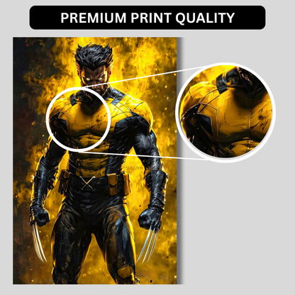 Premium Glossy Aluminium Metal Poster – Wolverine-Inspired Yellow & Black Warrior Artwork | HD Printed Aluminium Wall Decor for Bedroom, Gaming Room, Office & Studio | Waterproof, Fade-Proof Superhero Wall Frame