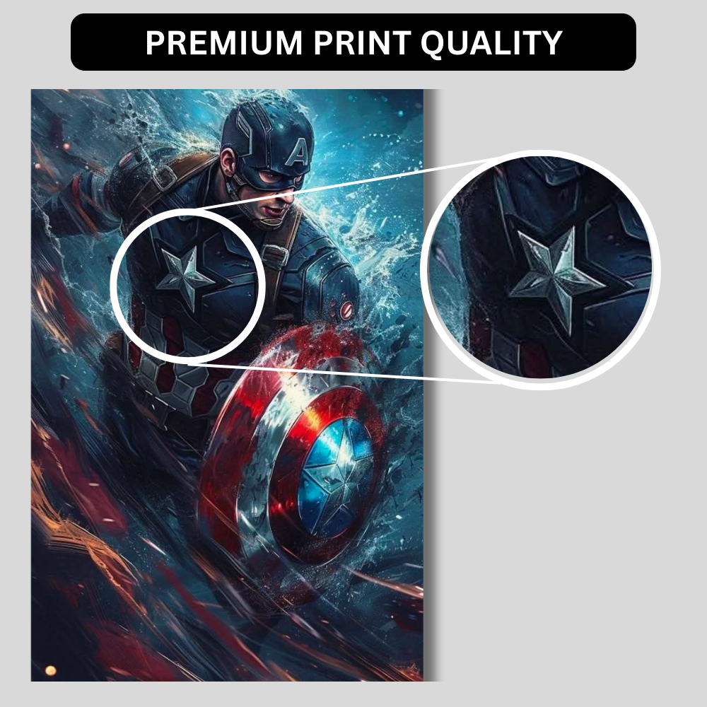 Premium Glossy Aluminium Metal Poster – Captain America Inspired Shield Artwork | HD Printed Aluminium Wall Decor for Bedroom, Gaming Room, Office & Studio | Waterproof, Fade-Proof Superhero Wall Frame