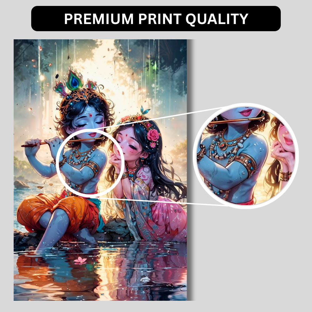 Premium Glossy Aluminium Metal Poster – Radha Krishna Flute Artwork by the Riverside | HD Hindu Spiritual Wall Decor for Home Temple, Living Room, Bedroom & Meditation Corner | Waterproof, Fade-Proof Devotional Frame