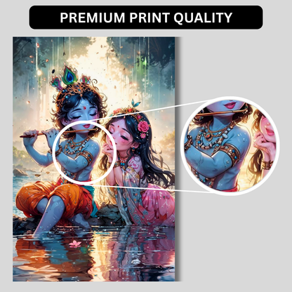 Premium Glossy Aluminium Metal Poster – Radha Krishna Flute Artwork by the Riverside | HD Hindu Spiritual Wall Decor for Home Temple, Living Room, Bedroom & Meditation Corner | Waterproof, Fade-Proof Devotional Frame