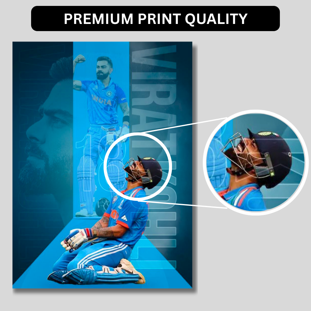 Virat Kohli Cricket Action Aluminium Glossy Metal Poster | Premium HD Wall Art Frame for Room, Office & Home Decor | Waterproof, Fade-Proof Metal Wall Poster | Cricket Legend Art Print (Glossy Finish)