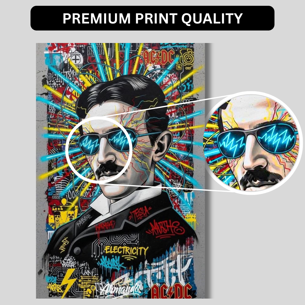Premium Glossy Aluminium Metal Poster – Tesla Graffiti Street Art Wall Frame | High-Definition Printed Aluminium Wall Decor for Bedroom, Living Room, Gaming Room & Office | Waterproof, Fade-Proof Metal Poster