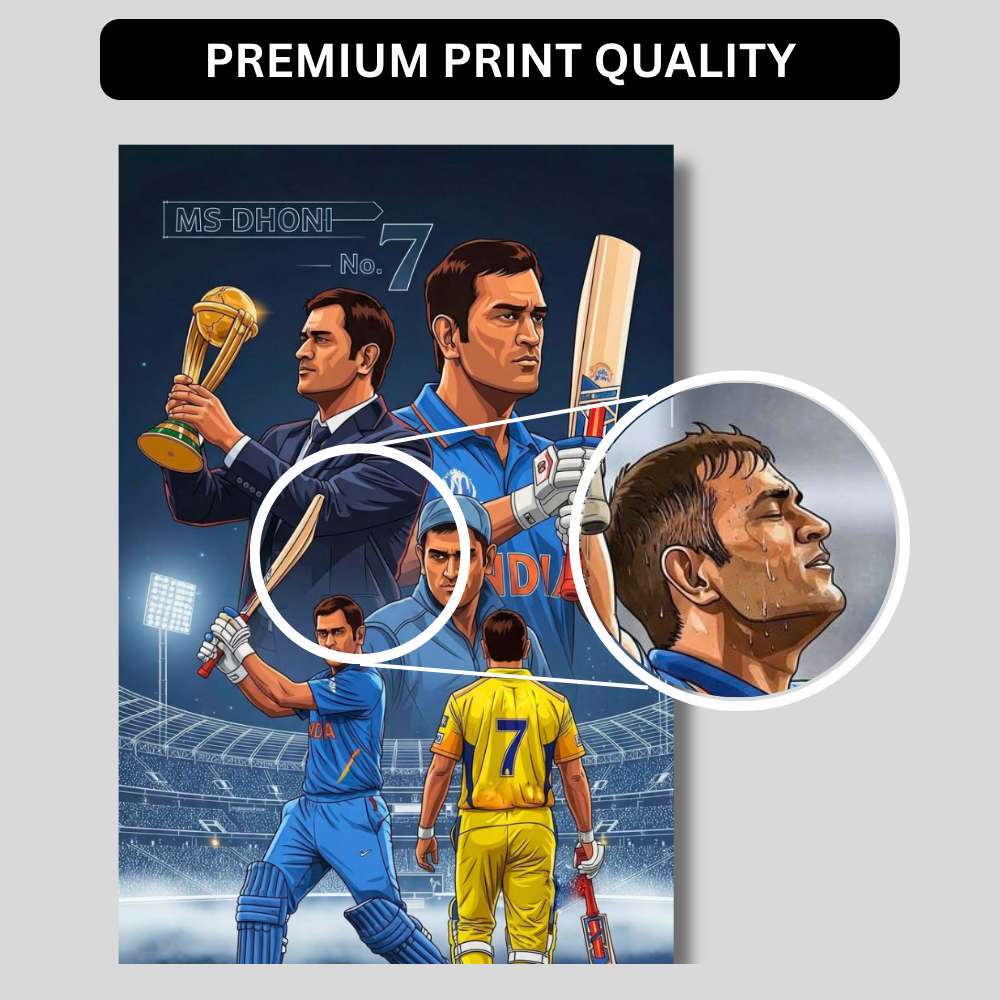MS Dhoni No.7 Aluminium Glossy Metal Poster | Premium Cricket Wall Art | HD Metal Print for Bedroom, Living Room, Office & Man Cave | Waterproof, Fade-Proof Home Decor Frame