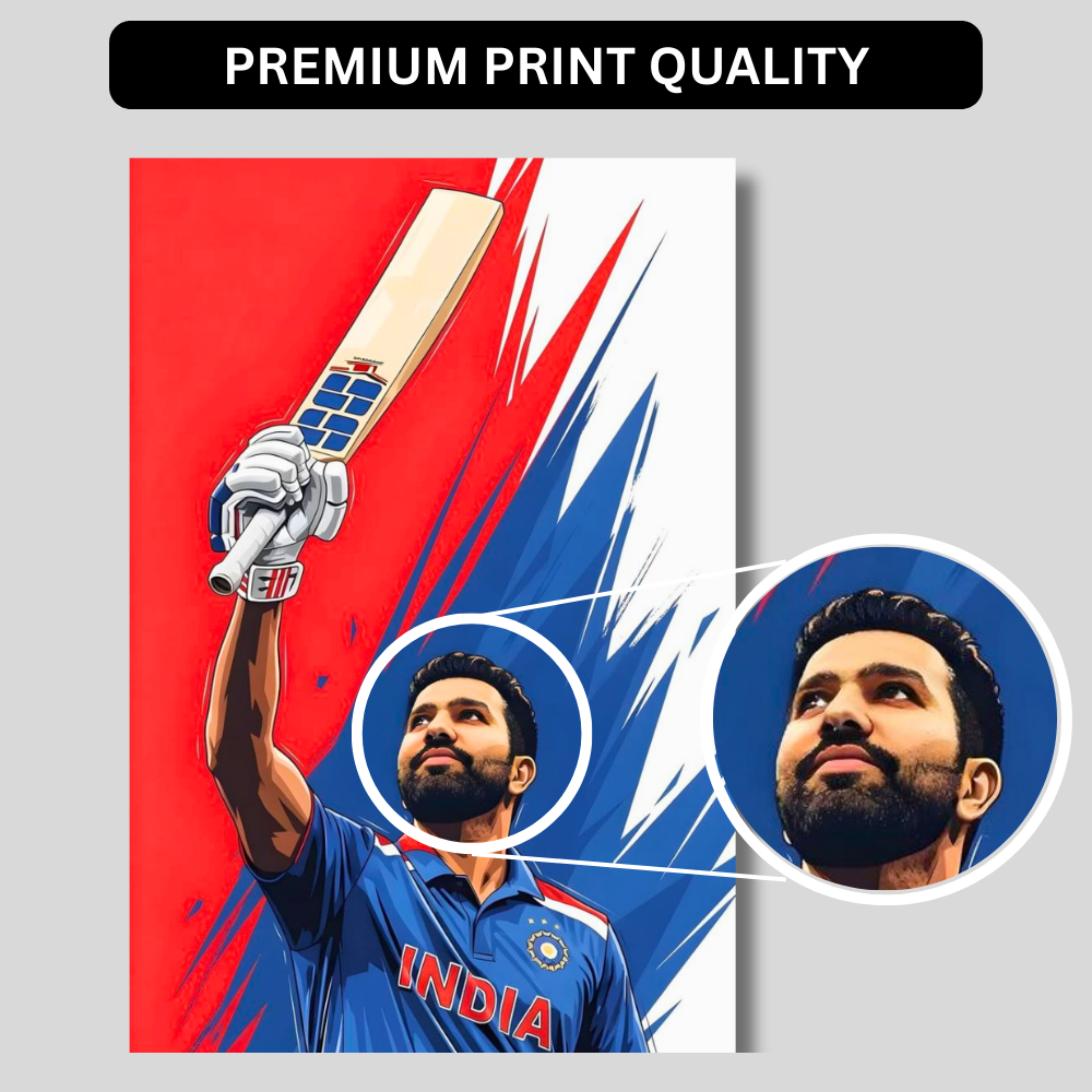 Rohit Sharma Cricket Poster | Aluminium Glossy Metal Frame | HD Wall Art for Bedroom, Living Room & Office | Cricket Legend Artwork | Premium Home Decor Panel | Metal Poster for Cricket Fans