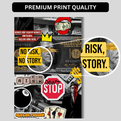 Premium Glossy Aluminium Metal Poster – “No Risk No Story” Money Collage Art | HD Printed Aluminium Wall Decor for Office, Bedroom, Gaming Room & Studio | Waterproof, Fade-Proof Motivational Wall Frame
