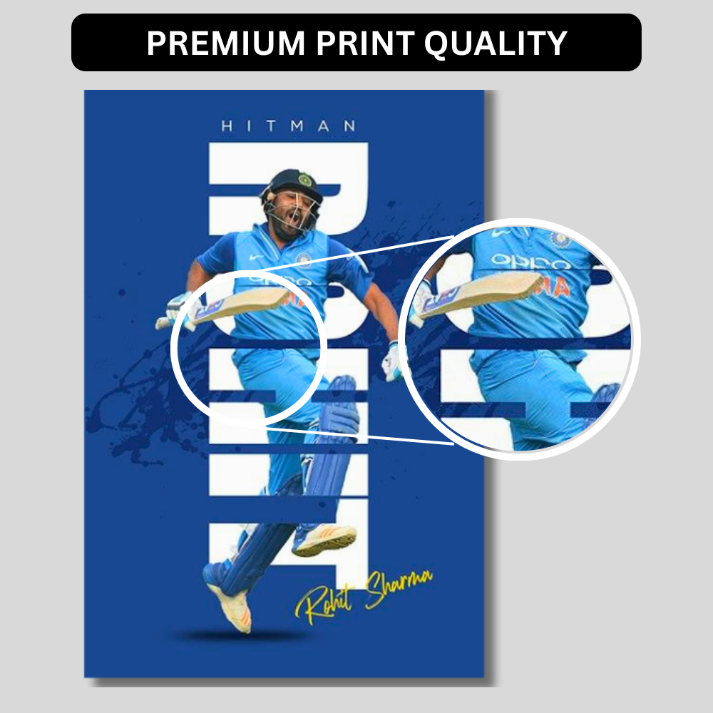 Rohit Sharma HITMAN Cricket Wall Art | Premium Glossy Aluminium Metal Poster Frame | Sports Room Decor | Ultra HD Print for Bedroom, Living Room, Office & Man Cave | Modern Home Decor Frame (Blue Edition)