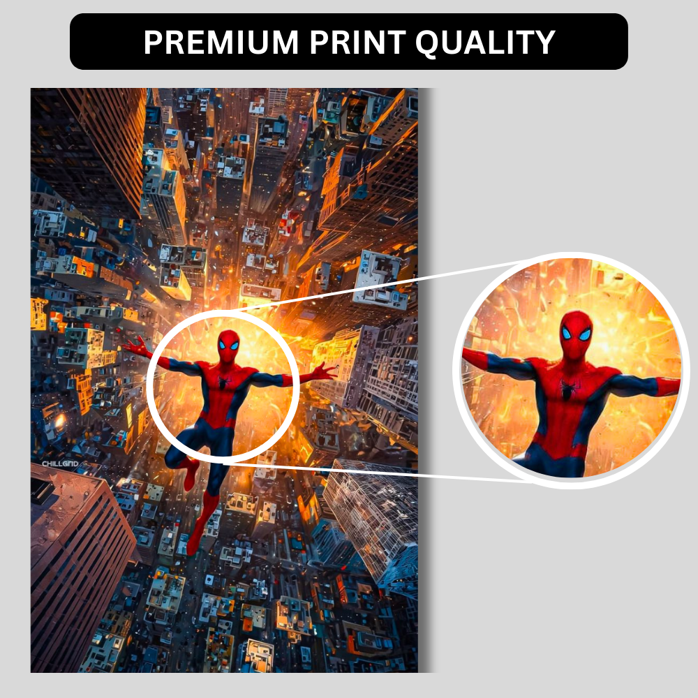 Premium Glossy Aluminium Metal Poster – Spider-Man Inspired City Dive Artwork | HD Printed Aluminium Wall Decor for Bedroom, Gaming Room, Office & Studio | Waterproof, Fade-Proof Superhero Frame
