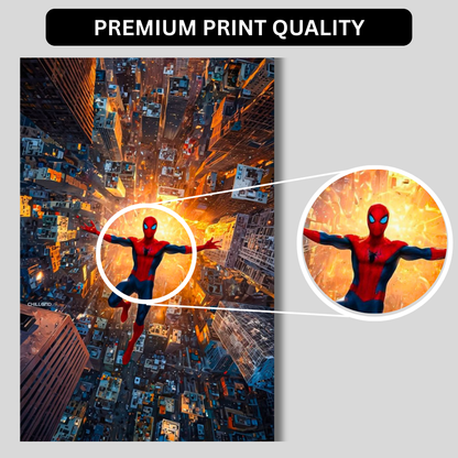 Premium Glossy Aluminium Metal Poster – Spider-Man Inspired City Dive Artwork | HD Printed Aluminium Wall Decor for Bedroom, Gaming Room, Office & Studio | Waterproof, Fade-Proof Superhero Frame